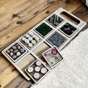 Panele sensoryczne kwadratowe z tacą zestaw - wersja leśna I Panele Montessori drewniane dyski