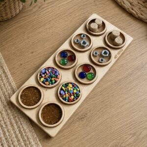 Memory Sensoryczne w drewnianej tacy – 10 krążków 6 cm
