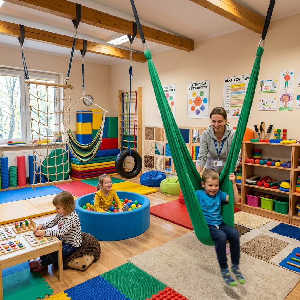 Therapist assisting child on green swing in sensory playroom with children playing